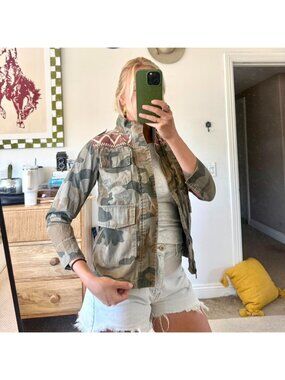 LUCKY BRAND CAMO PRINT GREEN JACKET BOHO WOMENS SMALL